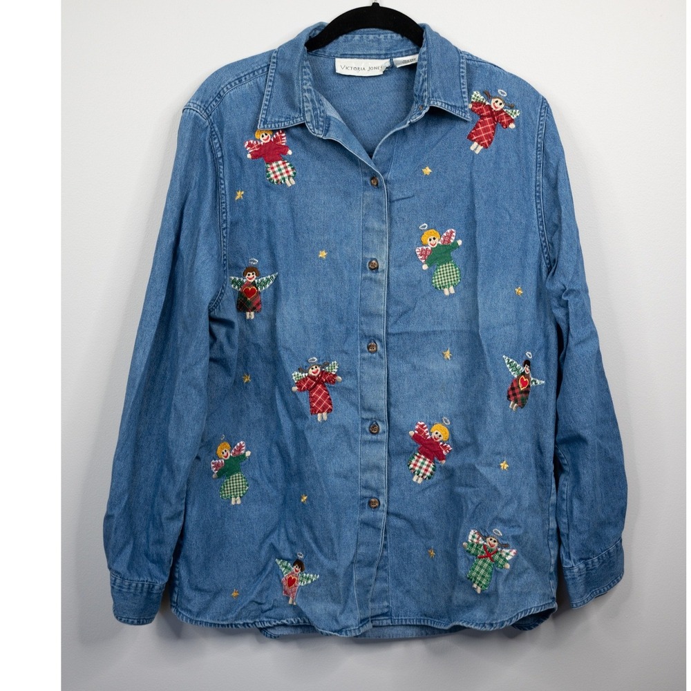 Victoria Jones Denim Shirt Women Large Blue Excellent Angel Embroidered Holiday